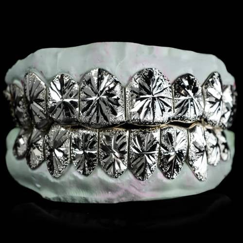 Silver Starburst Cut w/ Diamond Dust Solid Textured Grillz